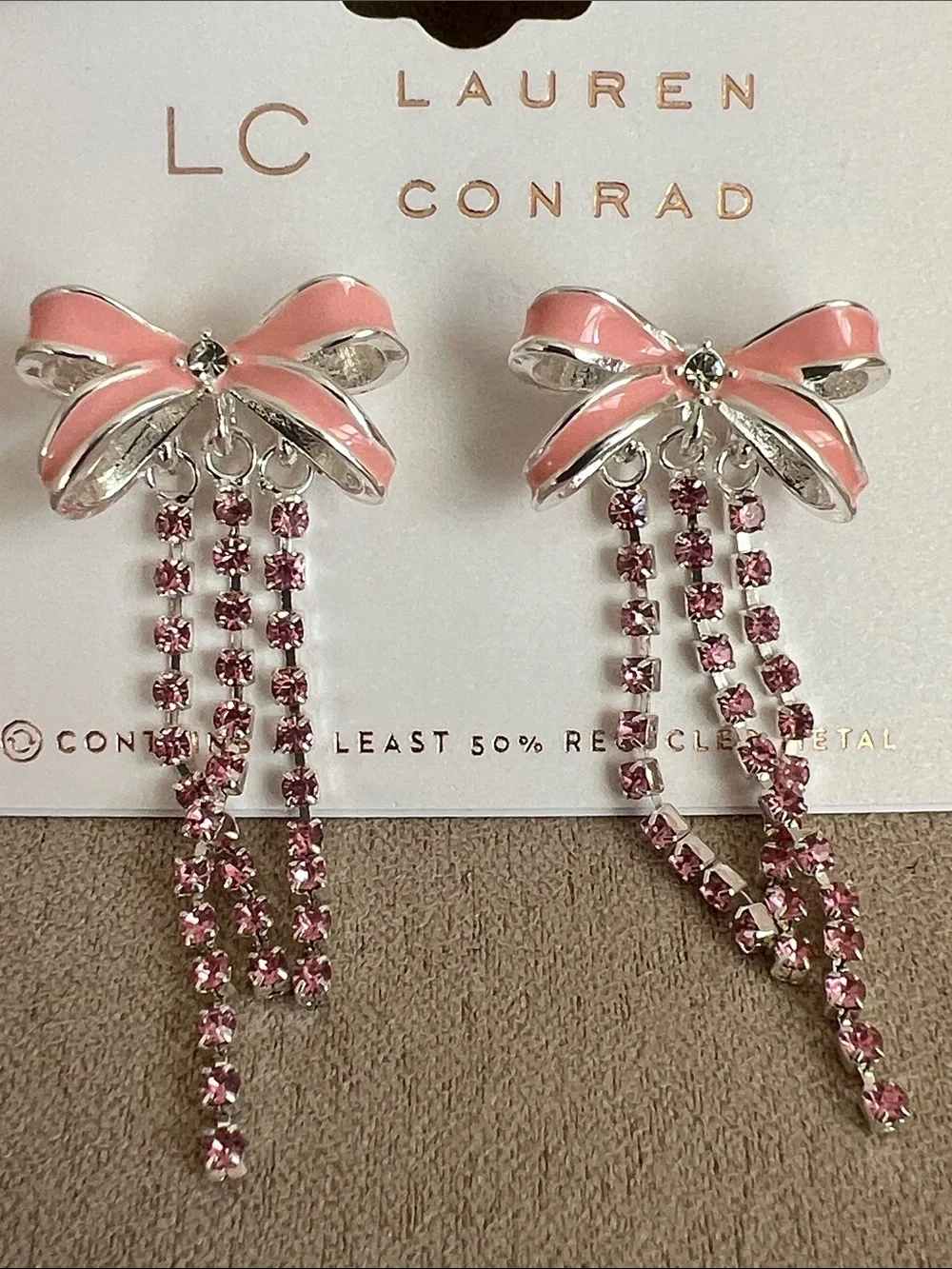 NWT LC Lauren Conrad Pink Enamel Bow Earrings with Pink Crystal Tassels